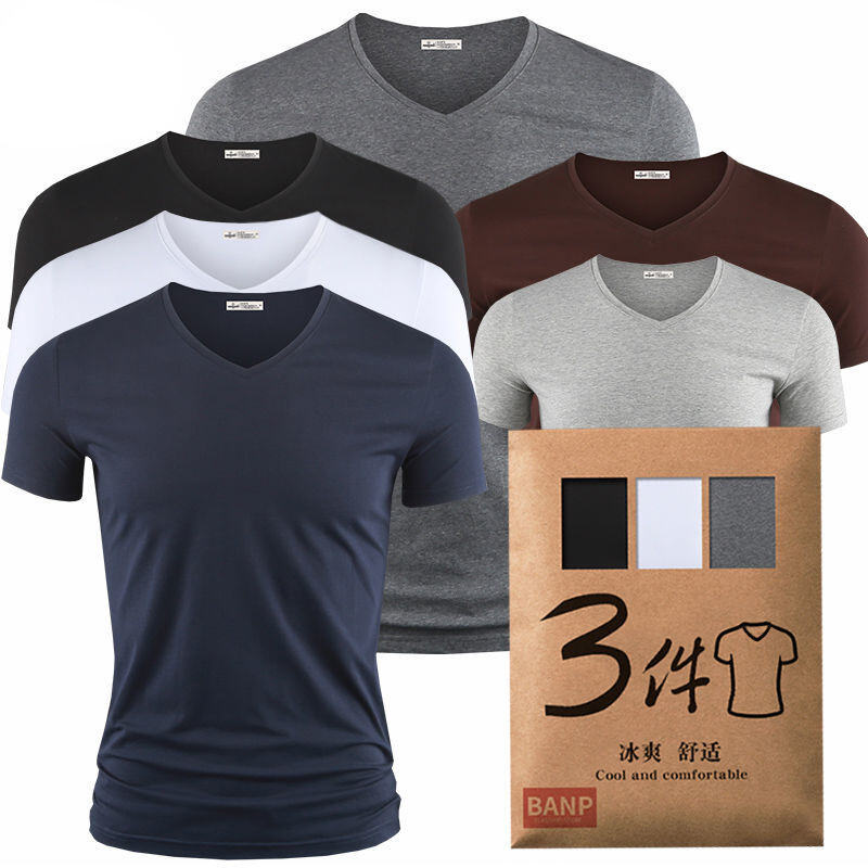 Modal Men's Solid Color and V-neck Slim-Fit Ice Silk Short Sleeve Shirt